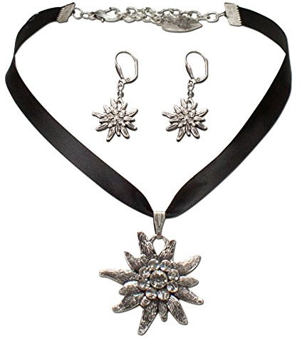 Alpenflüstern Trachtenschmuck-Set Satin-Trachtenkette und Ohrhänger Strass-Edelweiß - Damen-Trachten-Schmuck, Trachtenset Dirndl-Kette und Trachten-Ohrringe schwarz SET020