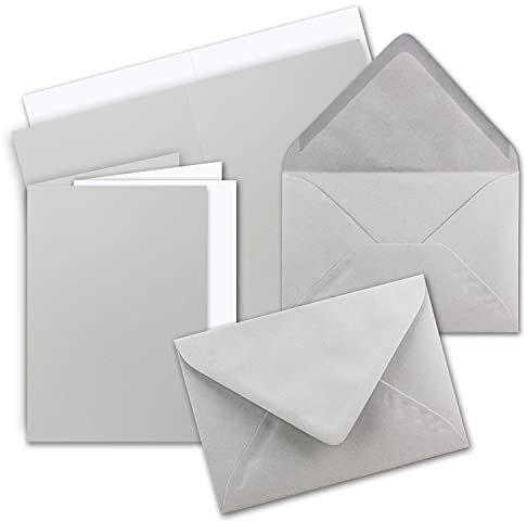 50 Sets - Faltkarten Hellgrau inkl. Umschlägen DIN C5 und passenden Einlegeblättern in Weiß - blanko Klappkarten 14,8 x 21 cm