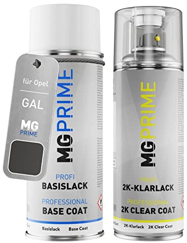MG PRIME Vernice per auto Spray per Opel GAL / 177 Technical Grey Me. +2K | Karbongrau Metallic / Technical Grey Metallic, Kit vernice di base + trasparente 2K, bombolette spray 400ml