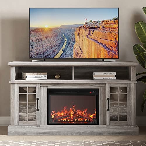 Belleze - Soporte para chimenea de TV con consola de control remoto para televisores de hasta 65 pulgadas, color gris lavado