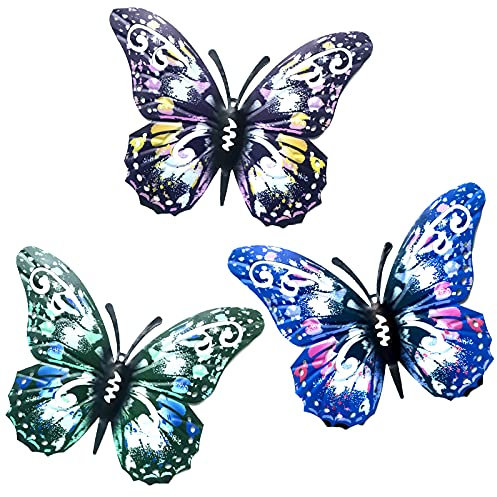 SUNNEKO 3 PCS Large Metal Butterfly Garden Ornaments Outdoor, Metal Wall Art Big Butterfly Decorations for Outside Garden Shed Fences Yard Decorations Wall Hanging