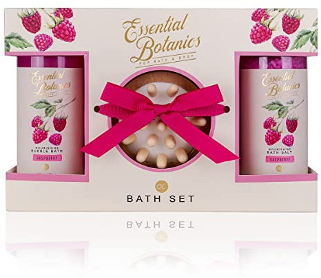 Accentra Badeset, Pflegeset ESSENTIAL BOTANICS – FRUITS in Geschenkbox – Schaumbad – Badesalz – Massagebürste – in Himbeerduft