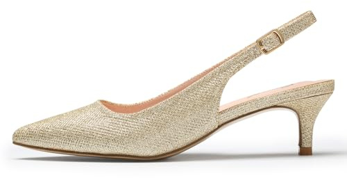 GENSHUO Escarpins pour femmes à talons bas kitten heels slingback à bout pointu pour robe, escarpins classiques à bout fermé, paillettes dorées, 38,5 EU