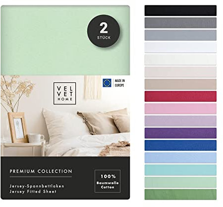 VelvetHome Doppelpack Spannbettlaken 90x200cm 100% gekämmte Baumwolle Made in EU Jersey Bettlaken 90x200 bis 25 cm Matratzenhöhe Spannbetttuch 90x200 Premium Qualität Schönen Farben Hell-grün 90 x 200
