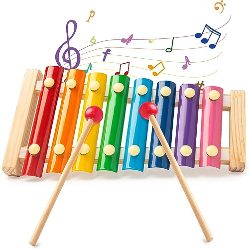 LovesTown Wooden Xylophone Musical Toy, 8 Rainbow Keys, 2 Mallets, Educational Instrument for Toddlers
