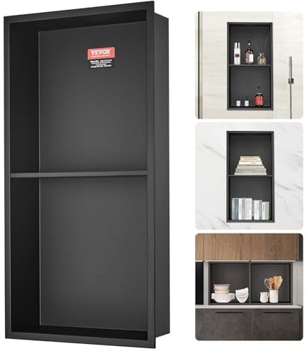 VEVOR Nicchia da Incasso per Bagno 33,02 x 63,5 cm, Nicchia Doccia a Parete Doppio Ripiano in Acciaio Inox 304 Sigillato, Nicchia da Incasso da Muro in Acciaio Inox per Riporre Sapone da Bagno, Nero