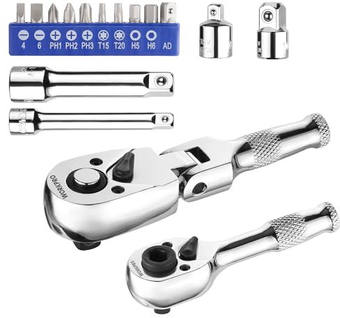 WORKPRO Mini Clé à Cliquet et Jeu d'Embouts de Tournevis, 1/4 Clé à Cliquet à Double Tête, 3/8 Cliquet Court à Tête Flexible, Rallonge 75Mm, Adaptateurs de Douille (16 Pièce)