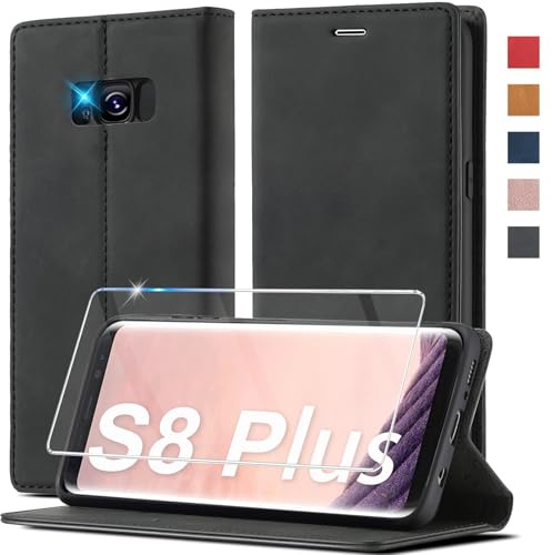 Handyhülle für Samsung Galaxy S8 Plus Hülle Leder [Mit S8 Plus Schutzfolie] für Samsung Galaxy S8 Plus Hülle Klappbar Leder Flip Wallet Stoßfeste Case Schutzhülle Klapphülle für Samsung S8 Plus Hülle