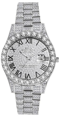OIDEA Uhren Herren Armbanduhr mit Strass: Silber Herrenuhr Analog Quarz Uhr Kalender Glitzer mit Römische Zifferblatt Casual Metallarmband Geschenk für Männer Freund
