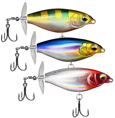 3 Stück Angelköder Wobbler,Topwater Köder mit Propeller-Schwanz, Köderfisch in Salzwasser und Süßwasser, Barsch Köder mit BKK Haken, Angeln Köder Oberfläche Bass Köder für Wels