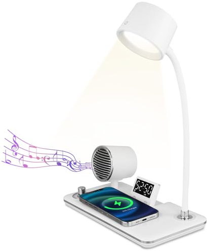 LED Desk Lamp with Wireless Charger, Touch Control Smart Table Lamp Light with Blue-tooth Speaker & Clock, Adjustable Gooseneck Arm Dimmable Eye-Caring Bedside Table Lamps for Bedroom Reading (White)