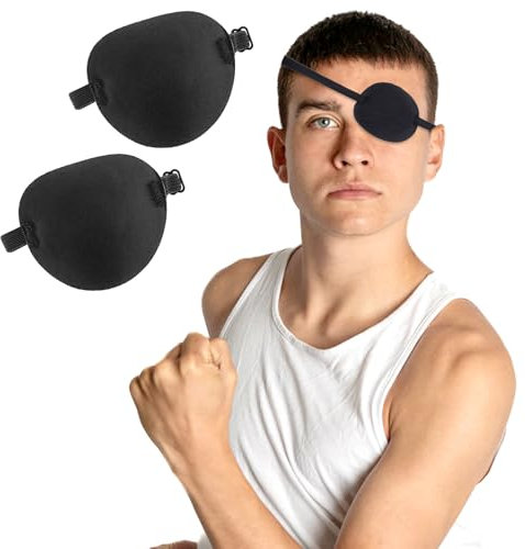 JJUNW 2 Stück Verstellbare Augenklappe, 3D Medizinische Augenklappen für Erwachsene und Kinder, Schwarz Piraten Augenmaske Elastische Eye Patch für Linke Oder Rechte Augen