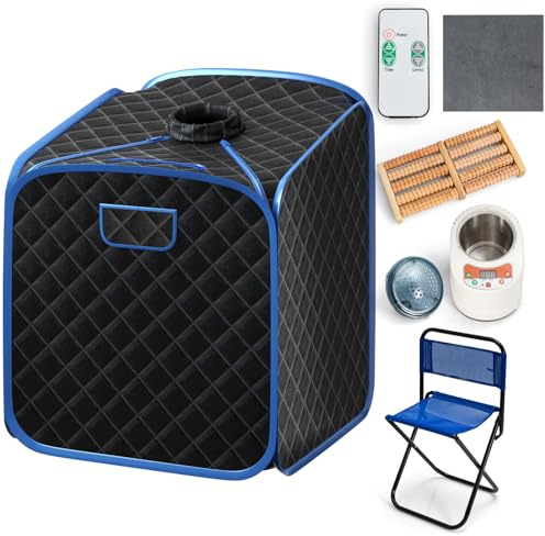 HOMASIS Mini Sauna a Vapore Portatile, Sauna Domestica con Generatore di Vapore da 2 L, Telecomando, 9 Livelli di Temperatura e Timer, Sedia Pieghevole e Massaggiatore per i Piedi (Nero)