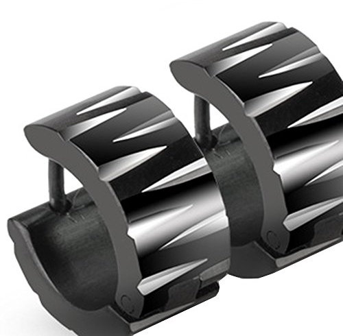 Mianova Unisex Creolen Edelstahl Damen Herren Klapp Ohrringe Huggie Kreolen Rund Breit mit Tribal Streifen Cuts Silber Schwarz