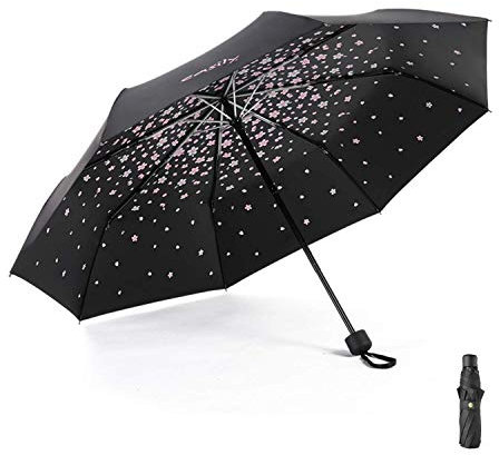 Meiyijia Kompakt und faltbar, UV-Schutz, tragbar von Voy, Lady Regenschirm – Schwarz – Motiv Kirschblüten – aufgeklappt 96 cm, 96cm, Feminin, Floral