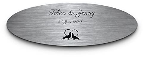 Edelstahl Hochzeitsschild mit Gravur und Tauben Motiven - 12x4 cm - Graviertes Schild zur Hochzeit - perfekt für eine Gartenbank - Namensschild Familienschild Hochzeitsgeschenk