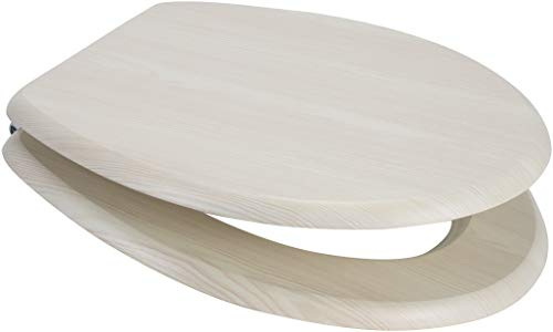 Euroshowers MDF Wood Veneer Wooden Design Toilet Seat with Chrome Bar Hinge (White Ash)