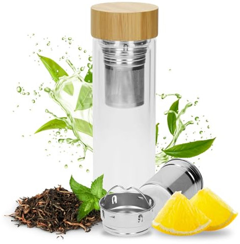 Bouteille à thé à emporter 450 ml avec couvercle en bambou - Bouteille isotherme en verre à double paroi - Préparateur de thé parfait à emporter - 100 % sans BPA (verre/bambou)