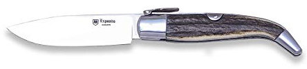 Expósito Navaja Nº 0 PA-0/CV hoja de acero inoxidable Sandvik 12C27 DE 8,5 cm y empuñadura de asta de ciervo PA-0/CV artesanal clásica de Albacete. Original y única + Portabotellas regalo