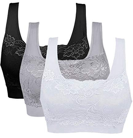 Vertvie Womens Strech Ohne Buegel Push up Yoga Sports BH Bra Top Set Fuer Fitnesstraining Polsterung 3er Pack(EU XL/Tag XXL,Schwarz+Weiß+Hellgrau)