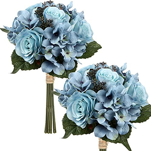 Briful Kunstblume Künstliche Blumenstrauß Kunstpflanze Blumenarrangements 2er Set Hortensie Rosenbouquet Höhe 30cm Dekopflanze für Arrangements Festtags-Tafel o. Hochzeit