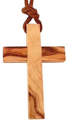 AMPALS, braune Halskette mit authentischem Olivenholz Kreuz handgefertigt in Jerusalem, christlicher Feiertag, Geburtstag, Autoschutz, Haus, Wohlfahrt, Kraft Sackleinen Cord Box, Taufe, Kommunion