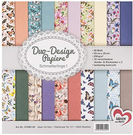 Ideen mit Herz Duo-Design-Papiere | Block mit 20 Blatt Bastelpapier | 25 x 25 cm | 250g/m² | beidseitig bedruckt | Designpapier, Motivpapier | ideal für Scrapbooking, Basteln (Schmetterlinge 01)