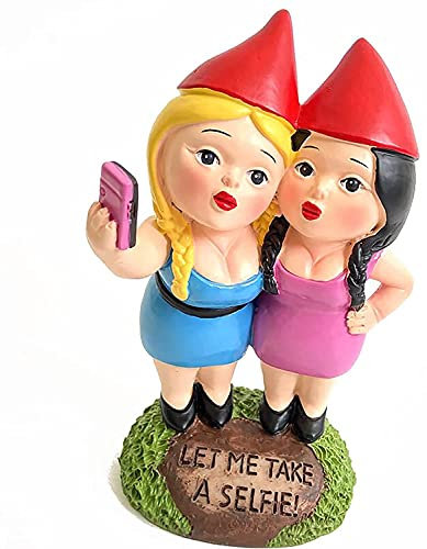 TY&WJ Sœurs Selfie GNOME Femelle De Jardin Statue,Permettez-Moi De Prendre Un Selfie Elfe Nain Figurine,Drôle Cadeaux pour Femmes Fille Fille Intérieur Extérieur Pelouse Décoration-A 6inch