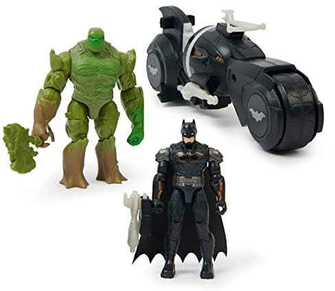 Batman Amory Attack Batcycle mit 2x 10cm Actionfiguren von Batman und Swamp Thing, Motorrad mit drehbarem Waffenaufsatz