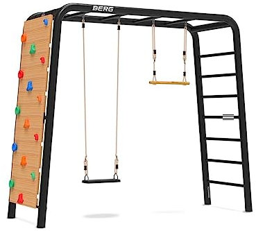 BERG PlayBase Medium TL 3-in-1 Regal, Leiter, Gummischaukel, Trapez und Kletterwand, Multifunktions Spielplatz für den Außenbereich