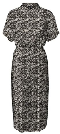 VERO MODA Damen Leichtes Kurzarm Kleid Midi Blusen Dress Locker mit Gürtel und Hemdkragen VMBUMPY, Farben:Braun,Größe Damen:XS