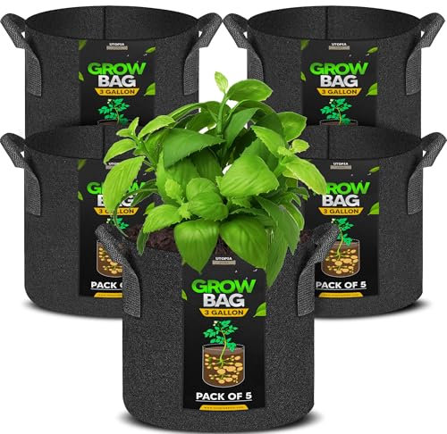 Utopia Home 5 Pack 3 Gallon Fabric Grow Bags, Heavy Duty Thickened Fabric Planters Pots, Aeration Pots with Handles, Nonwoven Bags Suitable for Vegetables Flowers Mushroom (3 Gallon)