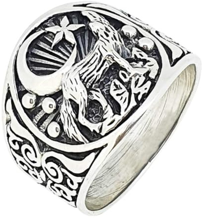 TreasureBay 925 Sterling Silber Ring für Damen und Herren Heulender Wolf und Halbmond Details, Sterlingsilber
