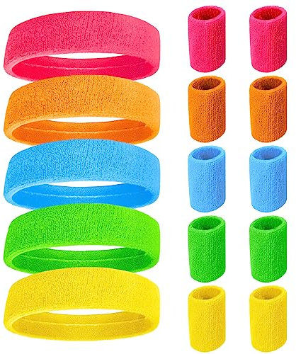 15 Stück 80er 90er Jahre Schweißband Neon Stirnband und Armband, 5 Hell Farben Sport Schweißband, Absorbierendes Frottee Schweißband für Retro 80er 90er Party Karneval Laufen Joggen Tennis