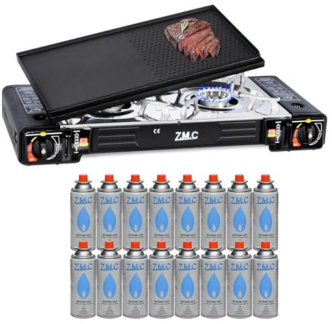 ZMC Réchaud à gaz de camping à 2 feux avec adaptateur pour raccordement GPL + plaque de cuisson 45 x 24 cm + 16 cartouches de gaz 227 g + mallette de rangement, réchaud de camping avec allumage
