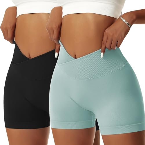 Vertvie Damen 2/3/5 Pack Gym Shorts V Cross Scrunch Butt Push Up Yoga Shorts Stretch Fitness Hosen High Waist Nahtlos Kurz Leggings Butt Lift Workout Booty Sportshorts (2pc Schwarz/Eggshell Blau, S)
