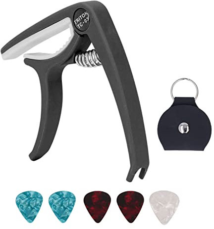 AONYAYBM Gitarren-Kapodaster, Akustikgitarren-Kapodaster, E-Gitarren-Kapodaster, ABS-Schnellverschluss-Ukulele-Gitarren-Kapodaster-Set mit 5-teiligen Gitarrenplektren für Akustik- und(Schwarz)