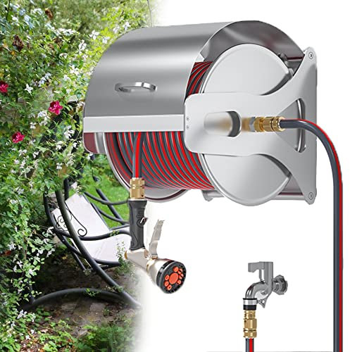 YEHOZZ Gartenschlauchaufroller, Wand-/Boden-schlauchaufroller Für Den Garten – Einziehbar, 180° Drehbar Mit 9-in-1-sprühdüse Und Bleischlauch, Für Die Reinigung Im Garten Und Im Haushalt,Rack+70mHose