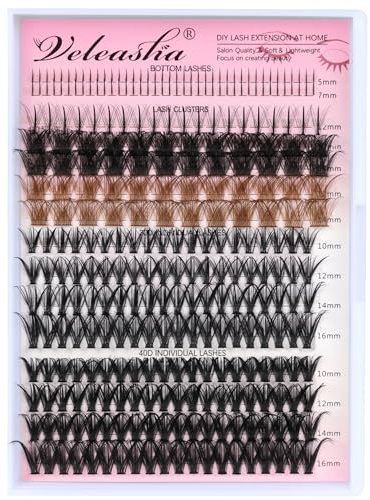 Veleasha Wimpern Extensions Set 268PCS Lash Clusters Kit Brown Lashes Individual Lashes Bottom Lashes Spike Lashes Clusters Lashes Fluffy Wispy Natural DIY Eyelash Extensions at Home(Hot Mix Style)