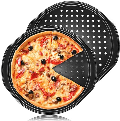 Abaigeal 2 Pcs 14 inch Pizza Trays for Oven, Non Stick with Holes, Carbon Steel, Black