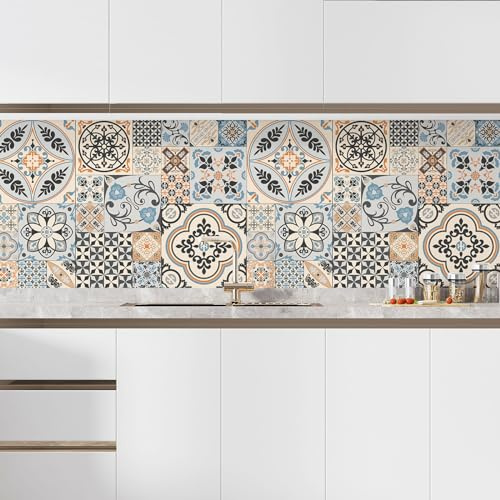 Lumaléa - Crédence adhésive sticker pour cuisine Effet carreaux de ciment - Adhésif BRILLANT - 50x75 cm