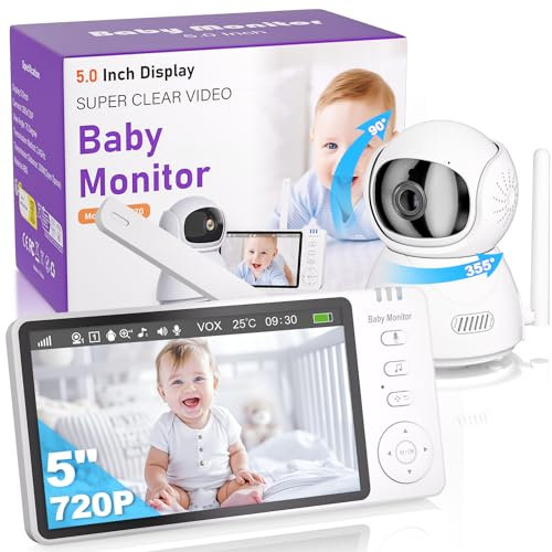 OBVHNUA Babyphone mit Kamera 5 Zoll 720p HD Video Babyfon Nachtsicht VOX Modus Zwei Wege Audio Temperaturüberwachung Digitalzoom Schlaflieder Wecker