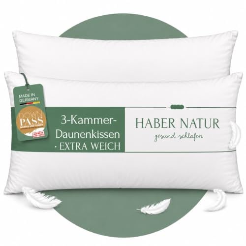 HABER NATUR 3-Kammer Daunenkissen 40x80 2 Stück-Made in Germany-Kopfkissen | 90% Daunen & 10% Federkissen | 700g Füllgewicht |Allergiker geeignet (NOMITE) | Tierwohl (DOWNPASS) | Oeko-TEX Klasse 1
