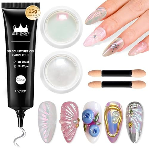 BISHENGYF 3D Nail Gel and Chrome Nail Powder: Clear 3D Sculpting Nail Gel,2Pcs Moonlight Aurora Pearl Chrome Nail Powder,No Wipe Glue for Art Decoration Home(White/Pink)