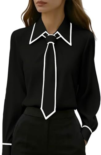 Women's Button Down Shirts Tie Neck Dress Shirt Business Casual Blouse Top (XX-Large, Black)