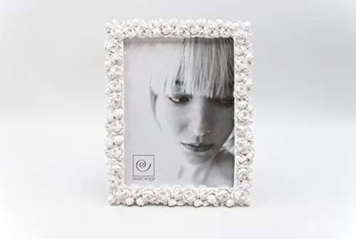 Mascagni Bilderrahmen aus Kunstharz mit rosa Verzierungen, Weiß – Fotogröße 15 x 20 cm – rechteckig