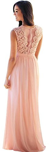 Babyonlinedress Robe de Soirée Bal Femme Longue Ajourée avec Dentelle en Mousseline sans Manches Rose 32