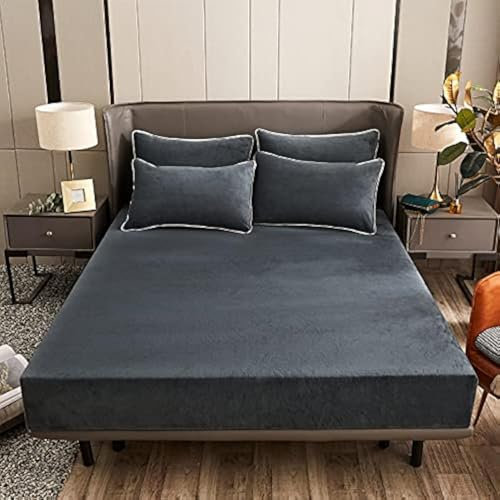 Damier Winter Spannbettlaken 180x200x30cm Grau Anthrazit Plüsch Bettlaken Flauschige Cashmere Touch Warme Spannbetttuch Geeignet für 30cm Matratze