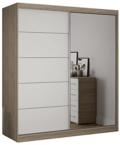 Fabryka Mebli Idźczak Kleiderschrank mit Spiegel - Schwebetürenschrank, Schlafzimmerschrank - Sonoma, Weiß Schrank für Schlafzimmer, Ankleidezimmer - 61 x 183 x 218 cm - Garderobenschrank