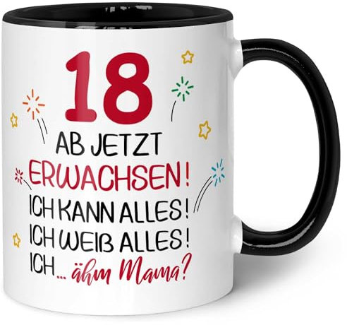 GRAVURZEILE Bedruckte Tasse mit Spruch - 18 ab jetzt erwachsen - Lustiges Geschenk für Mädchen & Jungen zum 18. Geburtstag - Geburtstagsgeschenk - Spülmaschinenfest - Farbe: Schwarz & Weiß